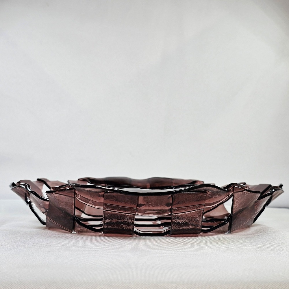 Amethyst Purple Fused Glass Woven Lattice Bowl Pie Dish Art Glass Centerpiece - Picture 9 of 10